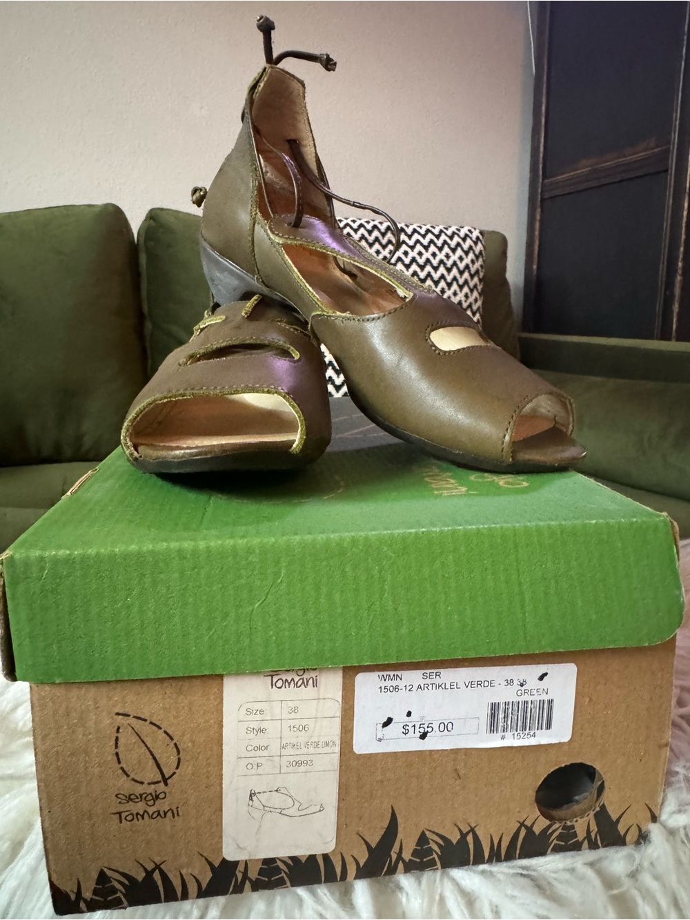 Tomani Olive Green Peep-Toe Wedge Heels with Ankle Tie